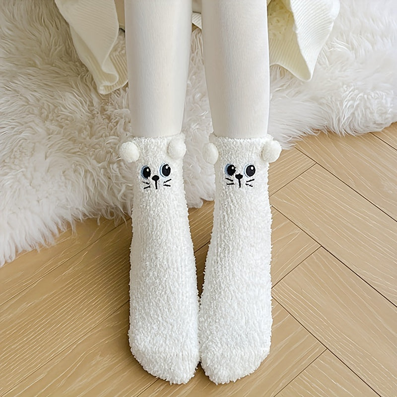 1 Pair Women'S Cute Non-Shedding Coral Fleece Warm Socks | Autumn-Winter Collection, Solid Color, Fabric