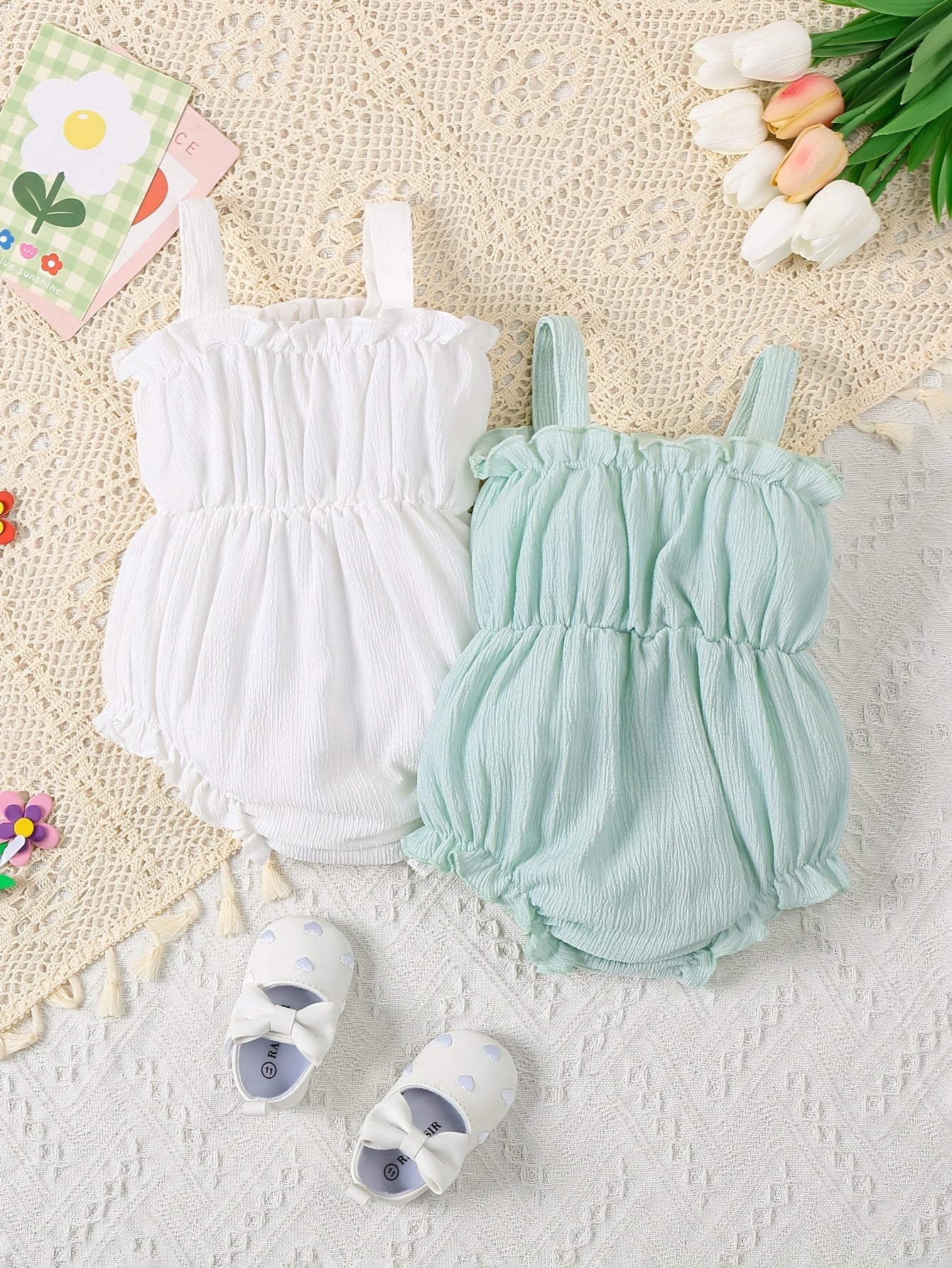 JOPGEEY 2pcs Soft & Stylish Baby Girl Rompers - Solid Color, Bubble Texture with Ruffled Trim, Perfect for Summer Outings, Perfect for Outdoor