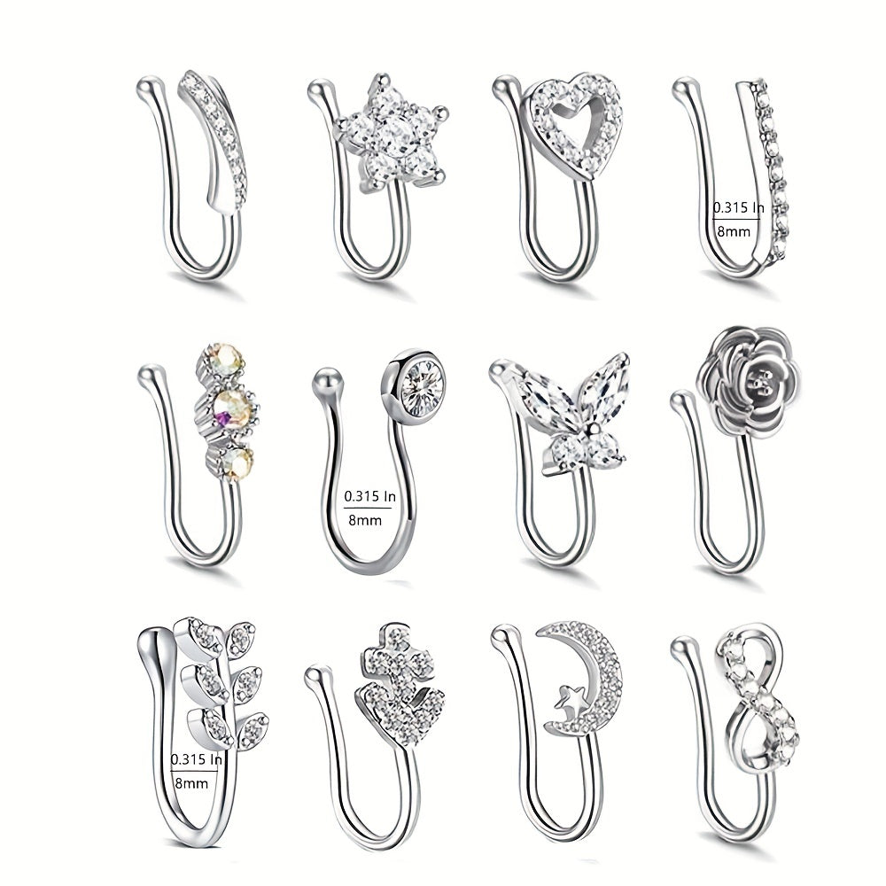12pcs Elegant Vintage Copper Faux Nose Cuff Set, Non-Piercing Synthetic Zirconia Inlay, Star, Flower, Leaf, Heart Shapes, Clip-On Nose Rings for Women, Daily & Vacation Wear, Valentine'S Day Gift, All Seasons Compatible