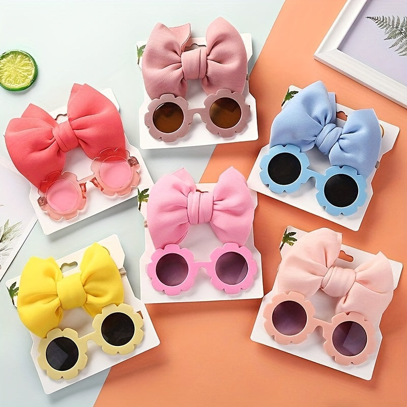 Cute Outdoor Beach Baby Girl Gift Set - 2 Pieces Butterfly Tie Hair Band & Round Flower Fashion Glasses!