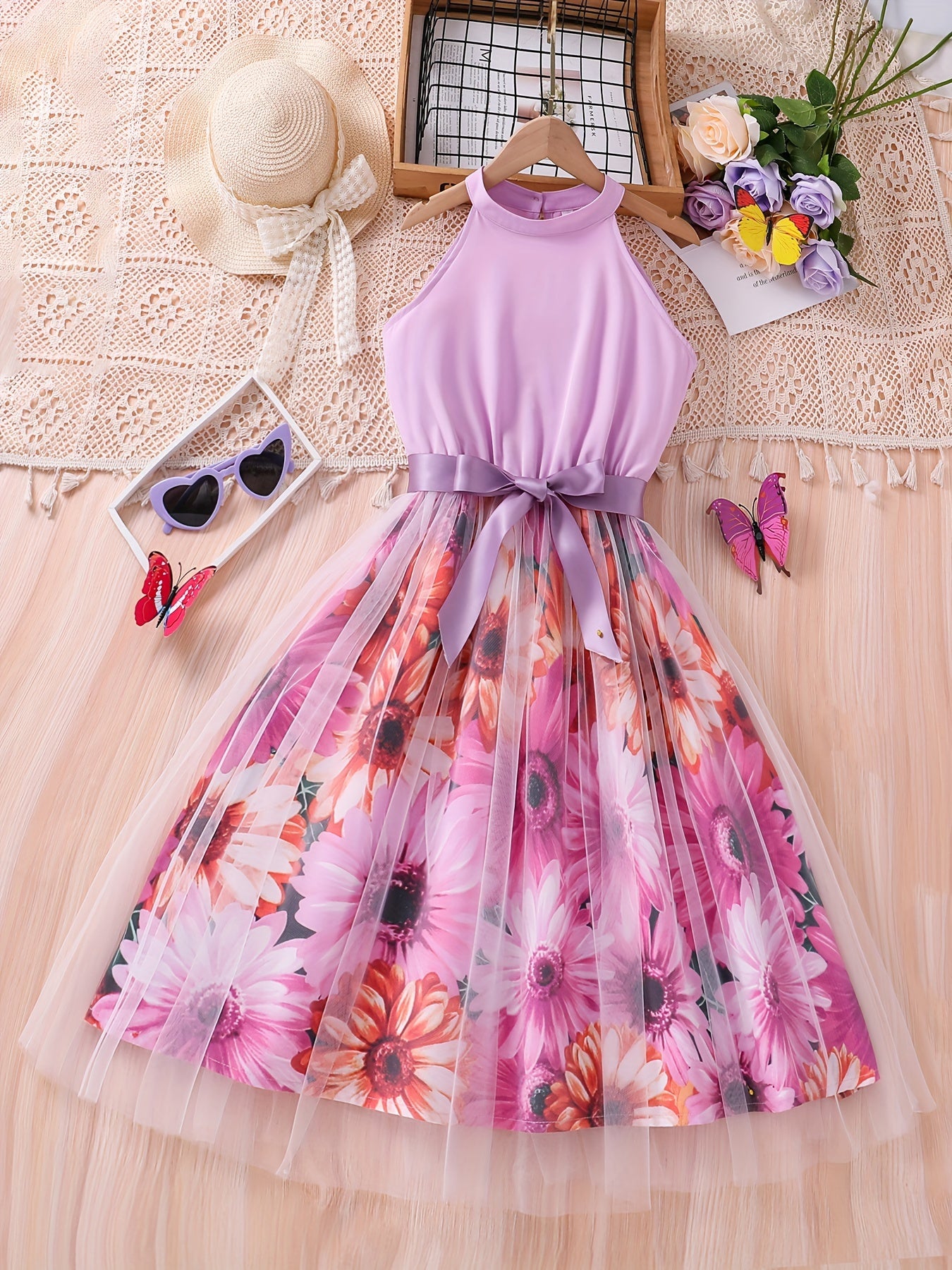 [Elegant Dress] Elegant Summer Party | Girls Splicing Flower Graphic Halter Neck Mesh Dress Tutu Dress | Gift