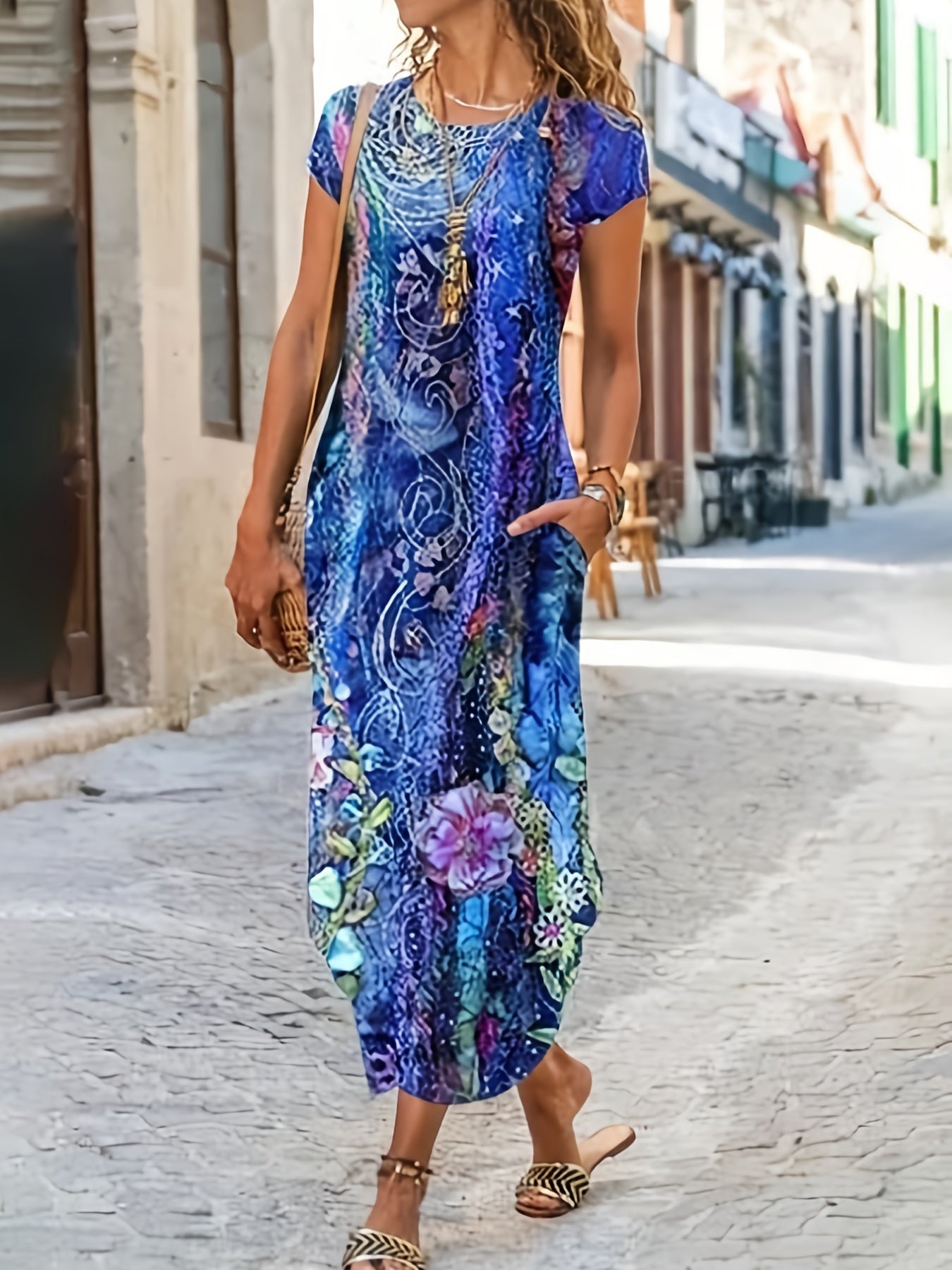 Vibrant Butterfly Print Fitted Crew Neck Pocket Dress - Soft Micro Elasticity Polyester Fabric, Random Printing, Vacation Style for Summer - Womens Casual Every Day Wear