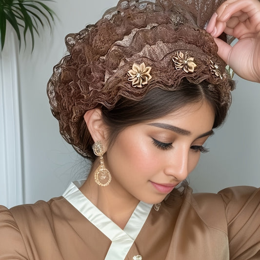 Elastic Lace Flower Hat - Breathable Polyester, Adjustable Drawstring, Perfect for Festive Parties & Urban Style, Festive Headwear | Floral Embellished Hat | Construction, Lace Hat