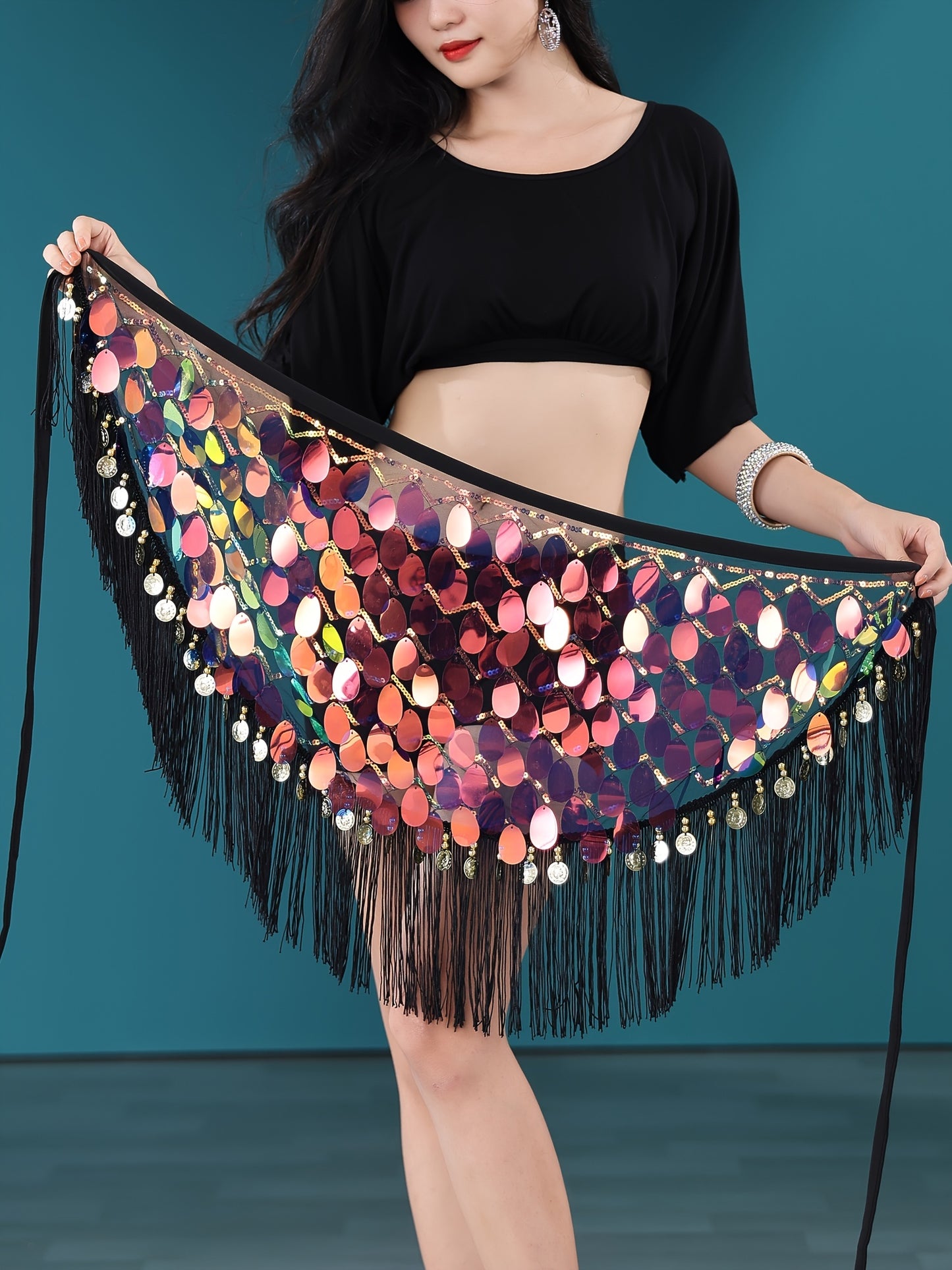 Glitter Triangle Belly Dance Hip Scarf With Tassel, Sequins Wrap Skirt For Women, Rave Outfit Carnival Costume Dance Accessories, Lovely Gifts For Ladies