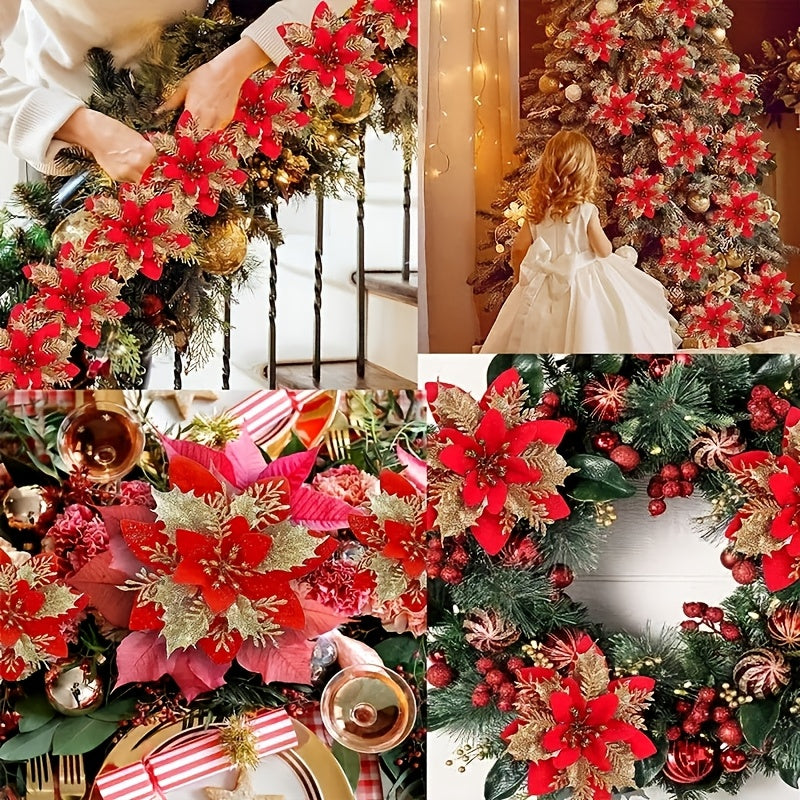 60-Piece 5.5-Inch Shiny Double-Layer Pink Edge - Christmas Floral Strips with Tree Decor and Wreath Accessories - Ideal for Holiday Parties & Weddings - Includes 30 Flower Branches + 30 Clips