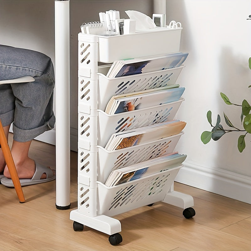 1pc Five-Level Bookshelf Shelf, Movable Desk Side Bookshelf, Floor Desk Small Cart, Book Storage Shelf, Office Study Supplies Storage Rack, Pen Holder, Lesson Book, Document Storage, Office Supplies