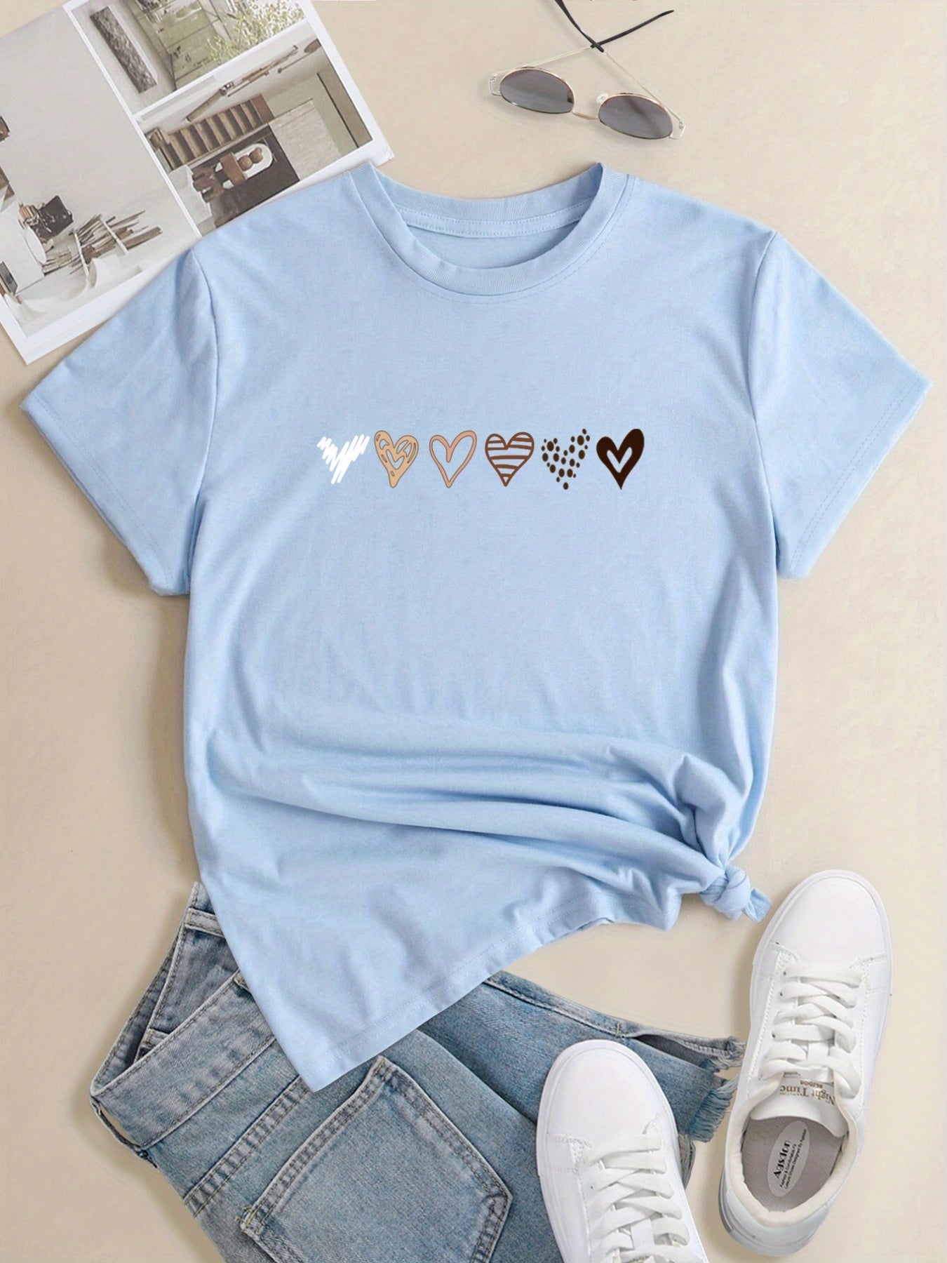 Chic Heart Motif Womens T-Shirt - Soft, Breathable Fabric - Perfect for Spring & Summer Leisurewear
