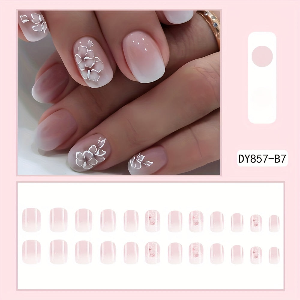 24 Pcs Short Oval Shaped Glossy Press-On Nails Set - Reusable Acrylic Fake Nails with Gradient Flower Pattern, White and Pink French Style, Easy to Apply and Remove, Long-Lasting Wear, Perfect for Salon or DIY Use