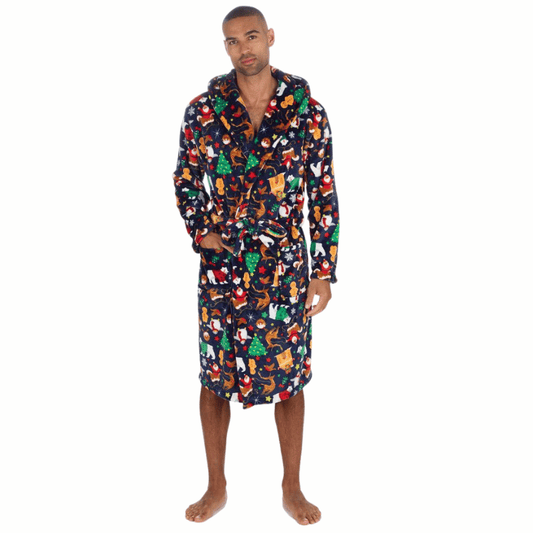 Adults Unisex Christmas Design Dressing Gown - Navy
