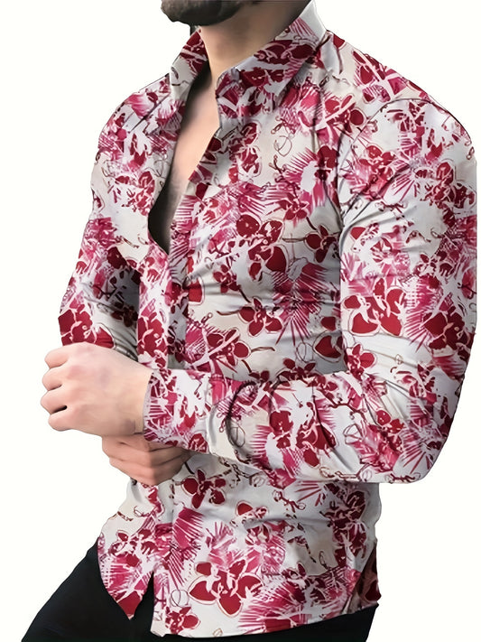Retro Style Flower Print Men's Casual Long Sleeve Button Up Lapel Shirt, Spring Fall