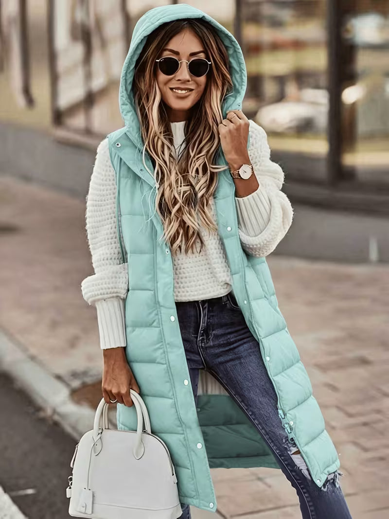Women'S Stand-Up Collar Hooded Mid-Length Warm Quilted Vest Jacket
