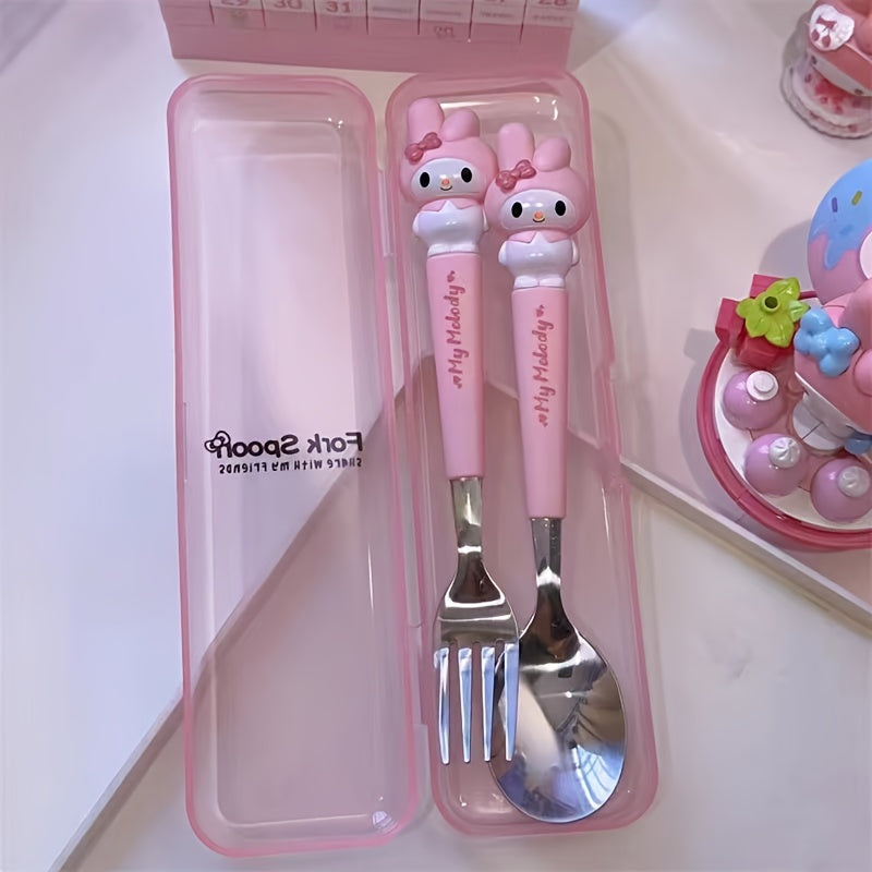 Sanrio Cute Cartoon 2pcs Tableware Suit-Stainless Steel Portable Travel Fork and Spoon with Cute Character Handle, Outdoor Eating Essentials, Onthego Dining, Fun Utensils, Stylish Cutlery, Polished Finish, Highquality Steel,