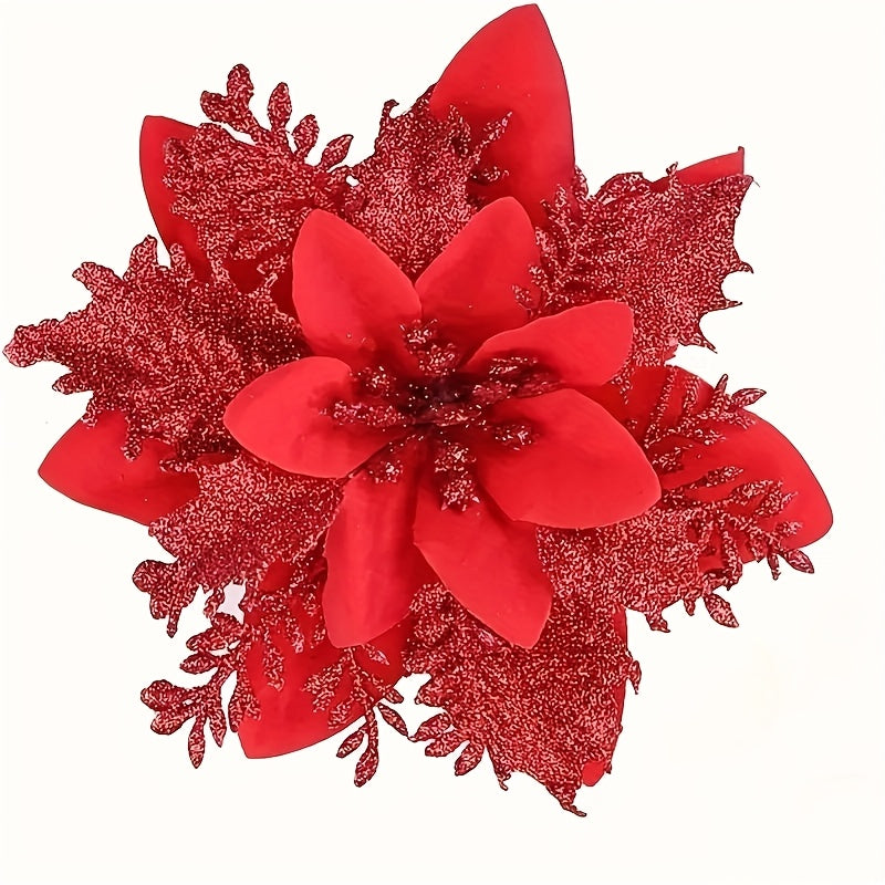 60-Piece 5.5-Inch Shiny Double-Layer Pink Edge - Christmas Floral Strips with Tree Decor and Wreath Accessories - Ideal for Holiday Parties & Weddings - Includes 30 Flower Branches + 30 Clips