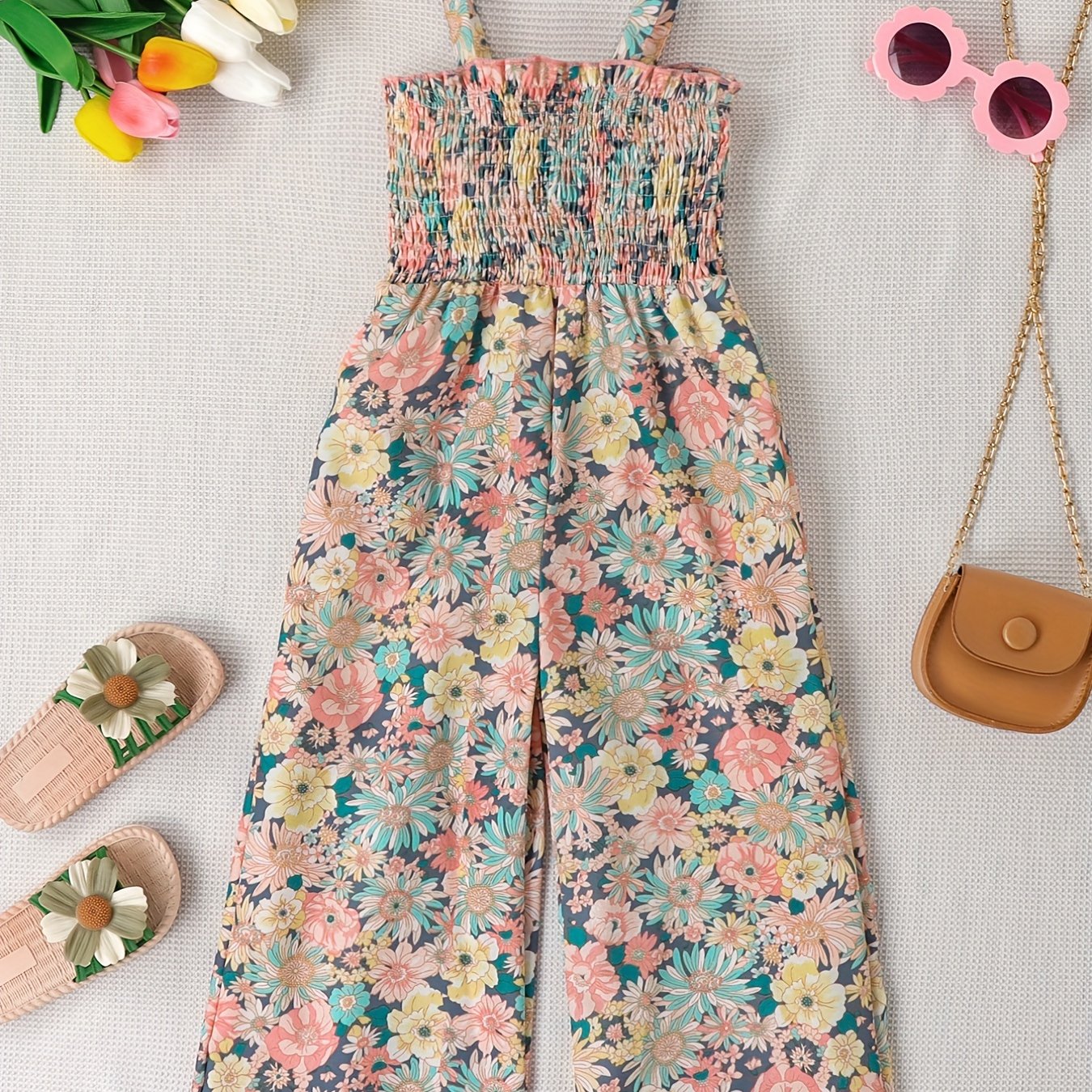 [Boho Flower Jumpsuit] Boho Flower Print Girls Shirred Cami Jumpsuit | For Going Out Party Holiday Kids Summer Clothes