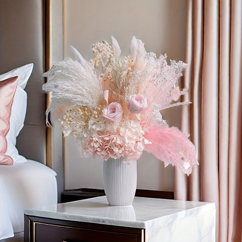 28pcs Bohemian Dried Flower Bouquet with White Feathers & Pink Roses - Ideal for DIY Home & Wedding Decor, Elegant Gift for Mother's Day, Valentine's, Thanksgiving & Christmas, Christmas Decor