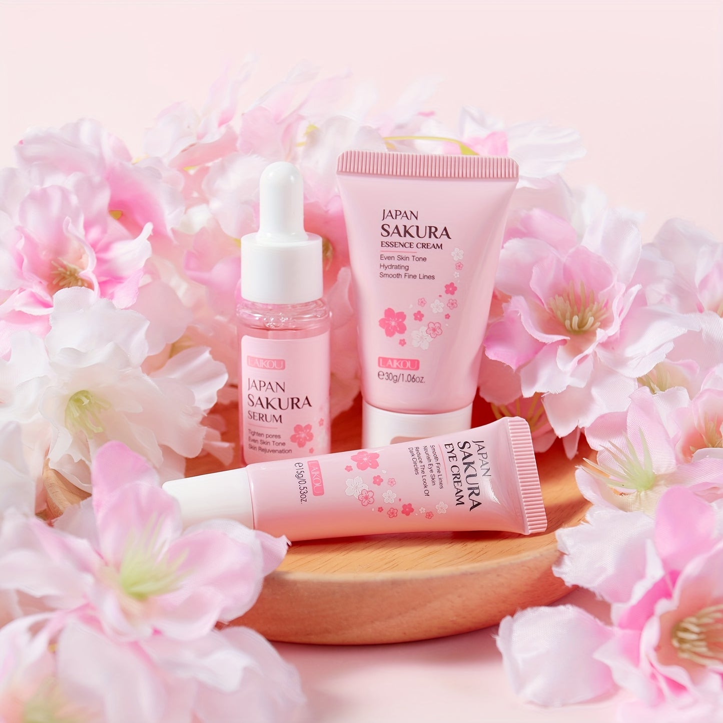 3-Piece LAIKOU Sakura Skin Care Set - Rejuvenating, Moisturizing, and Firming for Radiant Skin - Includes 17ml Serum, 30g Face Cream, and 15g Eye Cream
