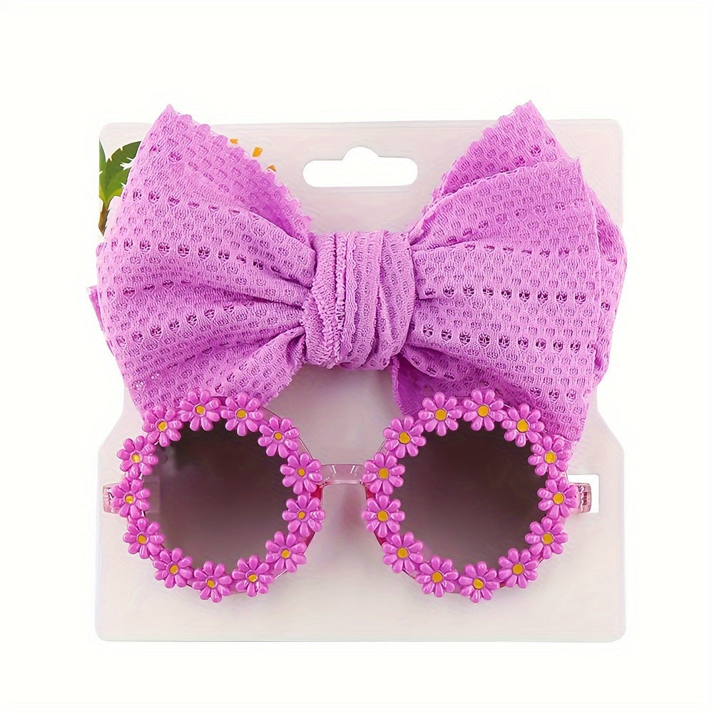 Cute Outdoor Beach Baby Girl Gift Set - 2 Pieces Butterfly Tie Hair Band & Round Flower Fashion Glasses!