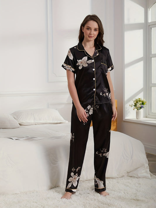 Floral Print Satin Pajama Set, Short Sleeve Button Up Top & Elastic Waistband Pants, Women's Sleepwear & Loungewear