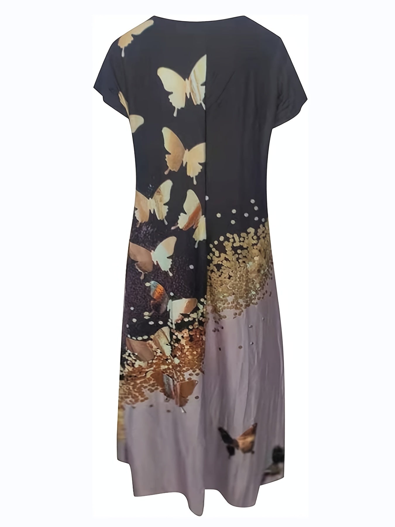 Vibrant Butterfly Print Fitted Crew Neck Pocket Dress - Soft Micro Elasticity Polyester Fabric, Random Printing, Vacation Style for Summer - Womens Casual Every Day Wear