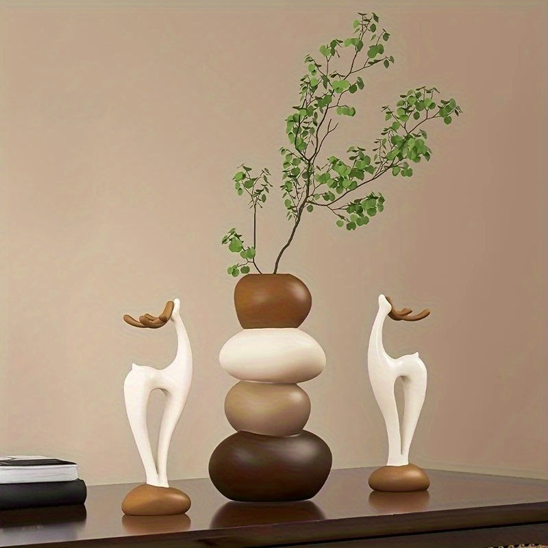 [Creative Stacked Stone Vase] 3pcs Creative Stacked Stone Vase and Deer Figurine Set | Resin Ornaments for Living Room, Bedroom, Office Desk, Bookshelf – Unique Christmas Gifts for Family & Friends