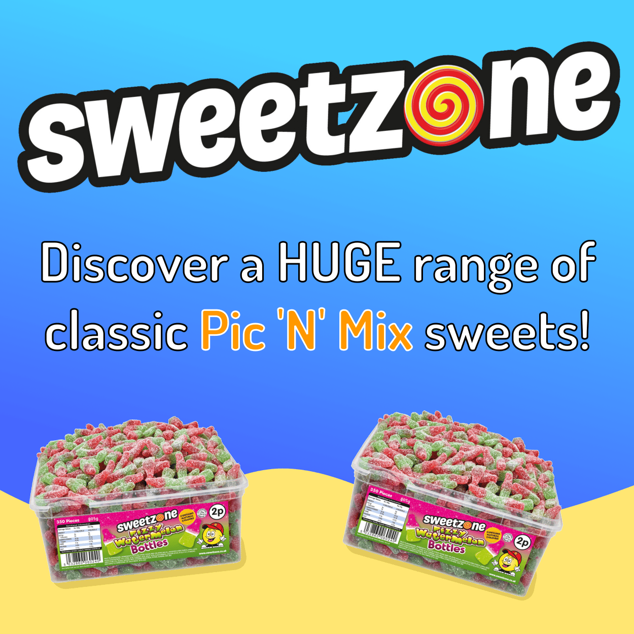 Sweetzone Fizzy Watermelon Bottles - 805g Tub - 350 Pieces - Pic N Mix Style Sweets