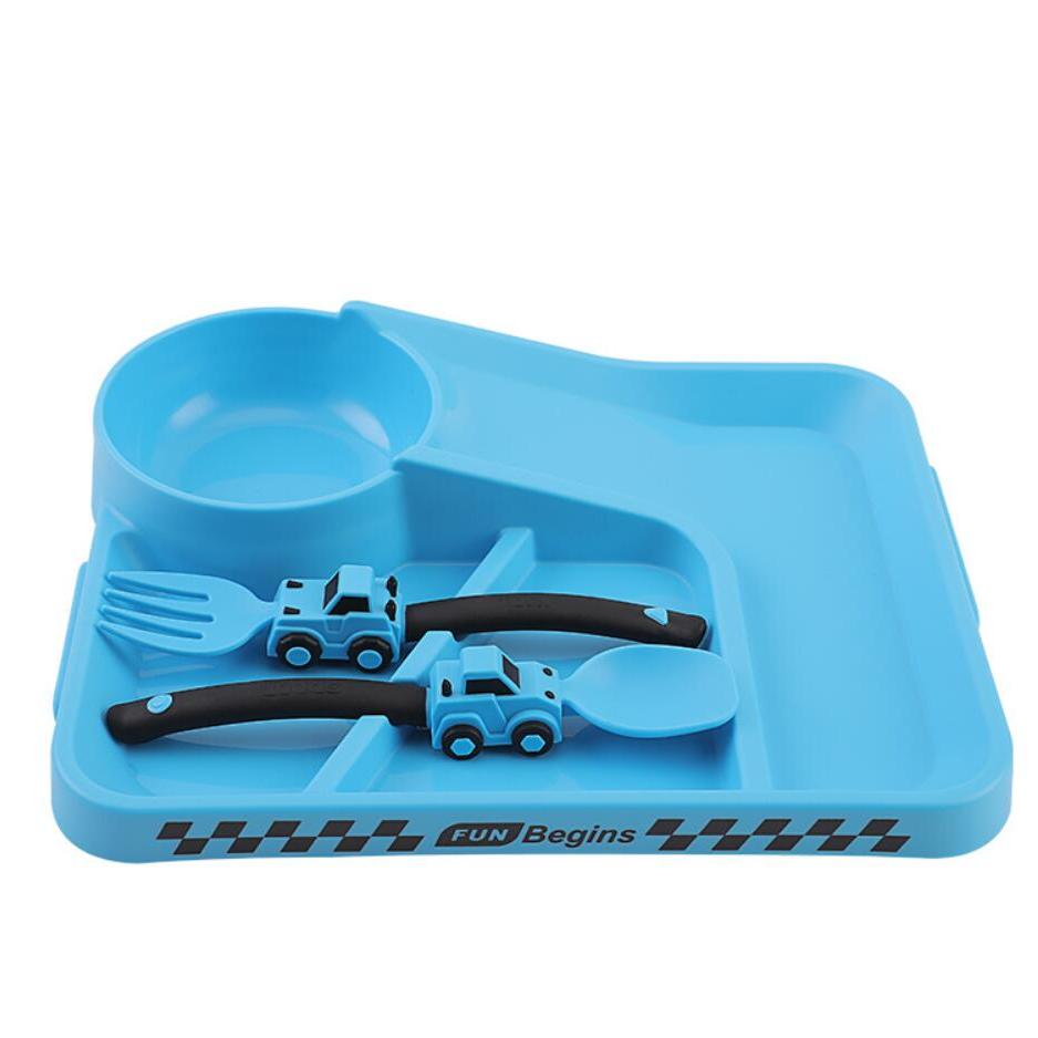 Children's Tableware Cartoon Racing Dinner Plate + Fork Spoon Independent Eating Divided Complementary Food Bowl Baby Suction Cup Non-slip Dinner Plate