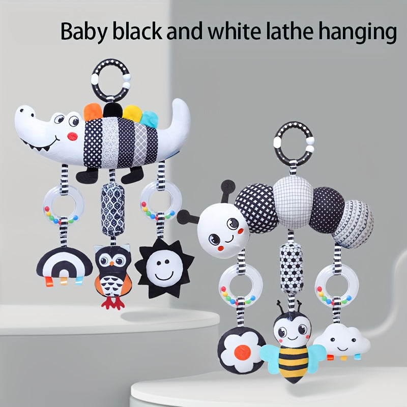 [Soft Animal Plush Toys] Soft Black and White Animal Wind Chime Plush Toys | for Baby Car Seat & Stroller, Hanging Rattle Toys | Ideal Christmas Gift for Infants 0-3 Years Old, Chinese Mainland Origin