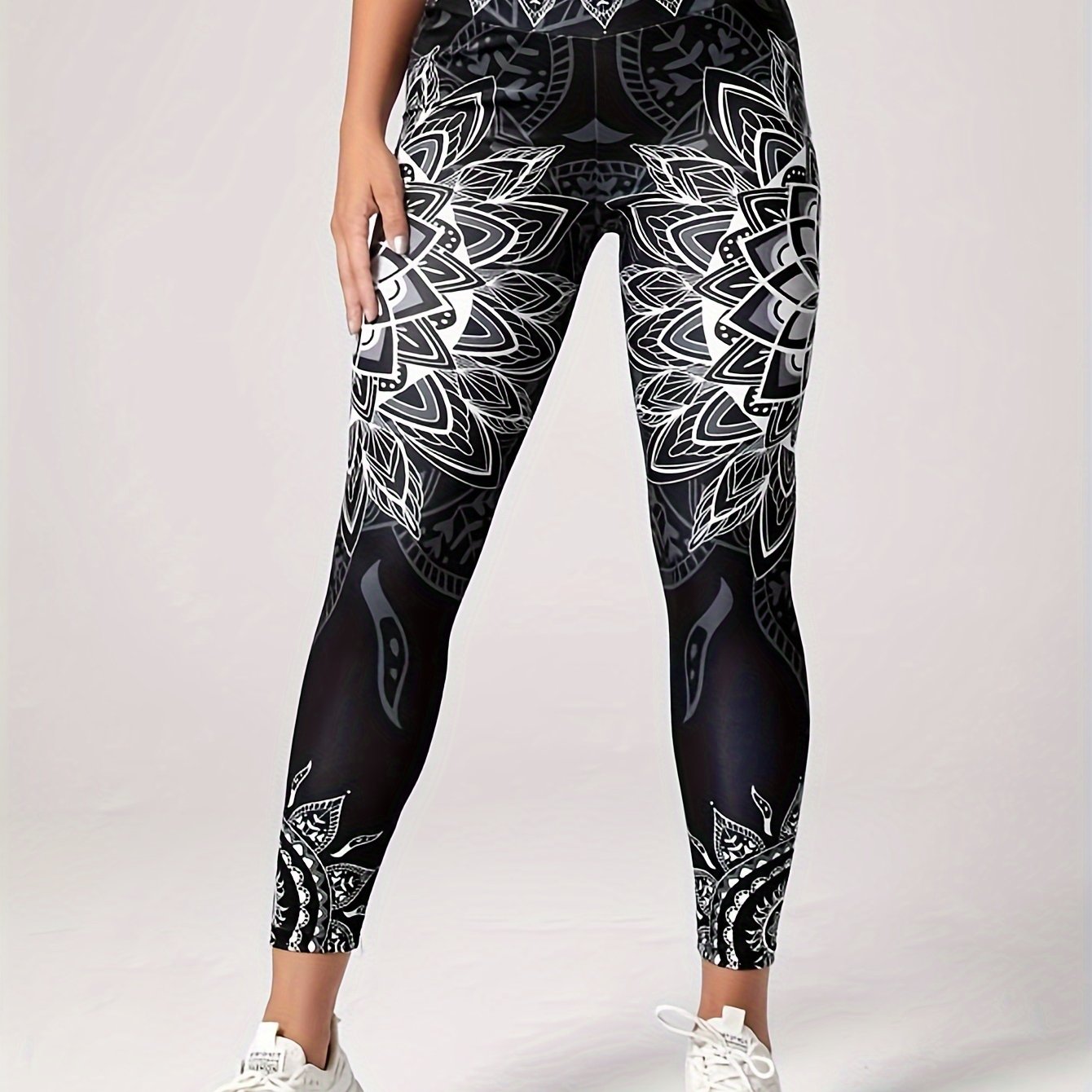 Flower Print High Waist Yoga Pants, High Stretch Running Fitness Workout Leggings, Women's Activewear