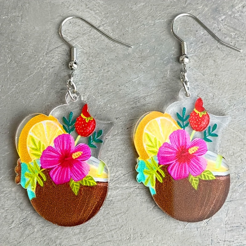 Bohemian Vacation Style Coconut Flower Cold Drinking Dangle Earrings Plastic Jewelry Summer Beach Party Earrings