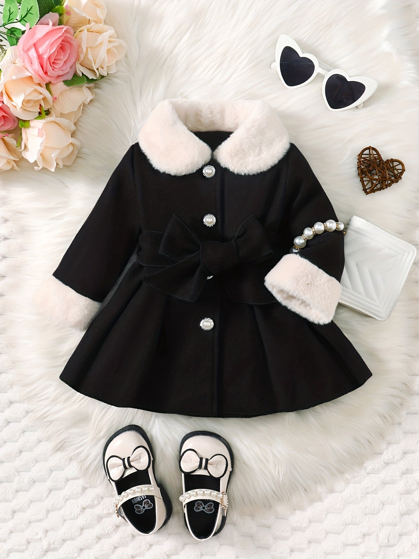 Fashionable And Versatile Coat for Baby Girls in Autumn And Winter, a Perfect Mother'S Day Gift. Adorable Plush Coat with a Bow And Collar, Designed for a Sweet Princess Look. Soft And Comfortable Outerwear to Keep Baby Warm