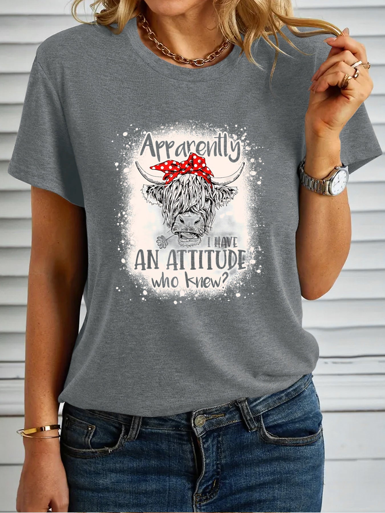Women's Fashion T-shirt, "Apparently I Have An Attitude Who Knew" Highland Cow Pattern Casual Short Sleeve Top