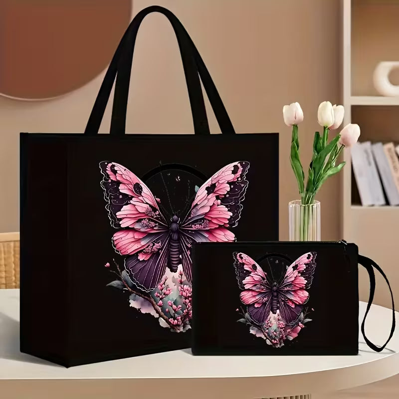 2pcs Floral and Butterfly Print Tote Bag Set with Matching Wallet