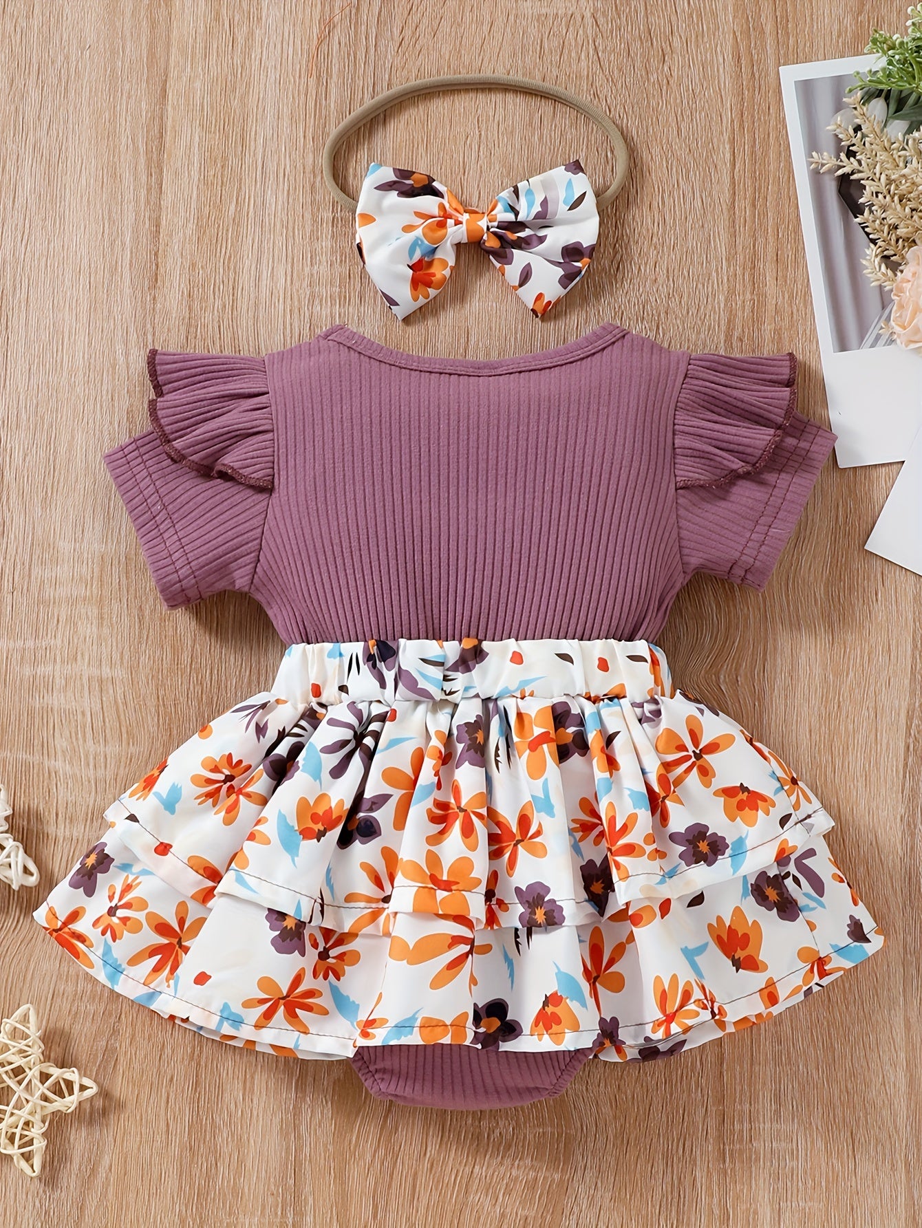 Baby Girls Spring Summer New Floral Skirt Swing Short Sleeve Romper Puffer Coat + Bow Headband Set, Suitable For Outdoor Wear