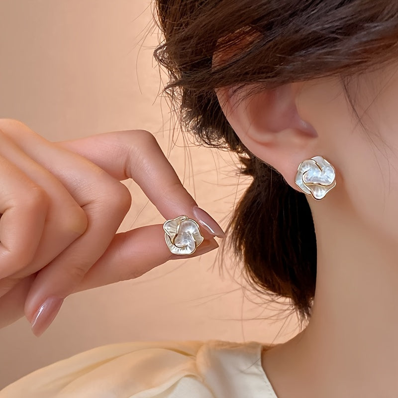 925 Silver Ear Post Elegant Camellia Flower Stud Earrings, Vintage Style, Alloy, Women's Fashion Jewelry, All-Season Accessory for Daily & Vacation Wear