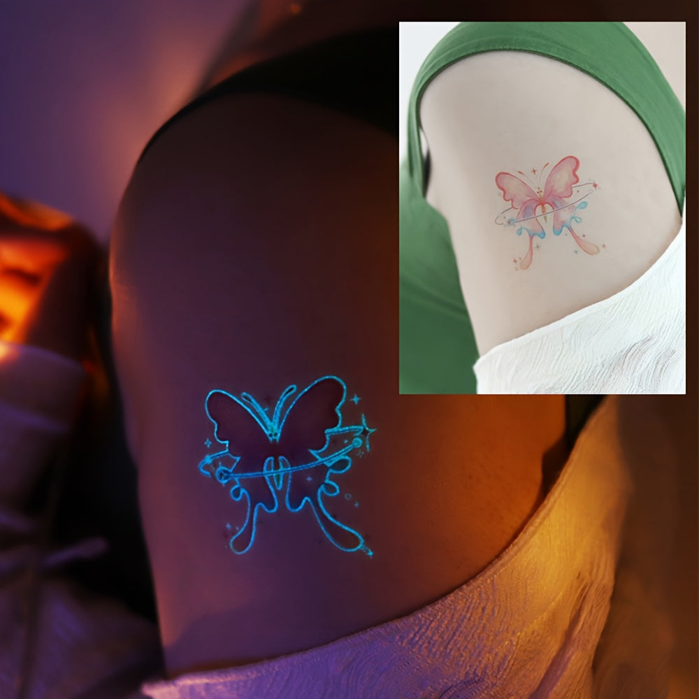 10 Sheets Blue Luminous Butterfly Tattoos, Glow In The Dark Vibrant Blue Butterfly Fairy Flower Rose Pattern Fake Tattoo, Decoration At Nightclub & Music Events, Waterproof & Realistic Lasting 2-5 Days, Butterfly Shoulder Cla