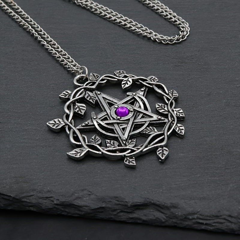 Vintage Pentagram Leaf Mosaic Purple Gemstone Pendant Necklace Women Fashion Wedding Party Jewelry Gifts