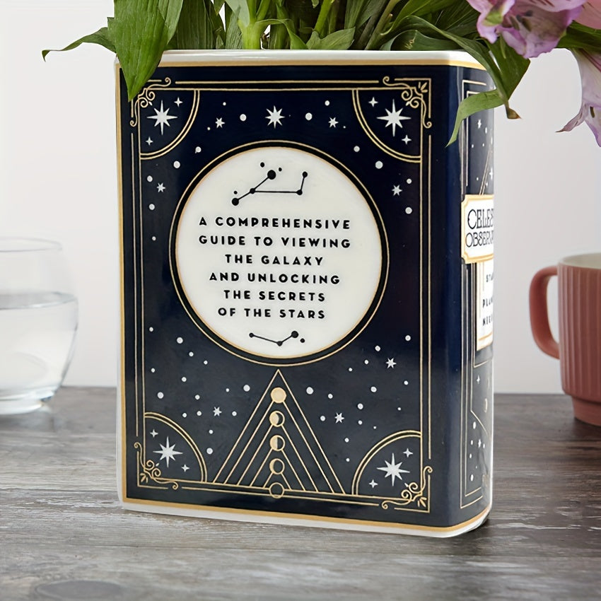 1pc Enchanting Ceramic Book Vase with Tarot Card Design - Celestial Observations, Starry Night Series - Ideal for Kitchen & Living Room Decor, Classic Fantasy Style, Decorative Centerpiece|Artistic Vase|Ceramic Construction,