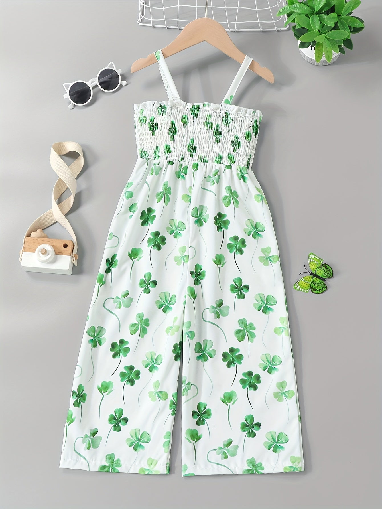 [Boho Flower Jumpsuit] Boho Flower Print Girls Shirred Cami Jumpsuit | For Going Out Party Holiday Kids Summer Clothes