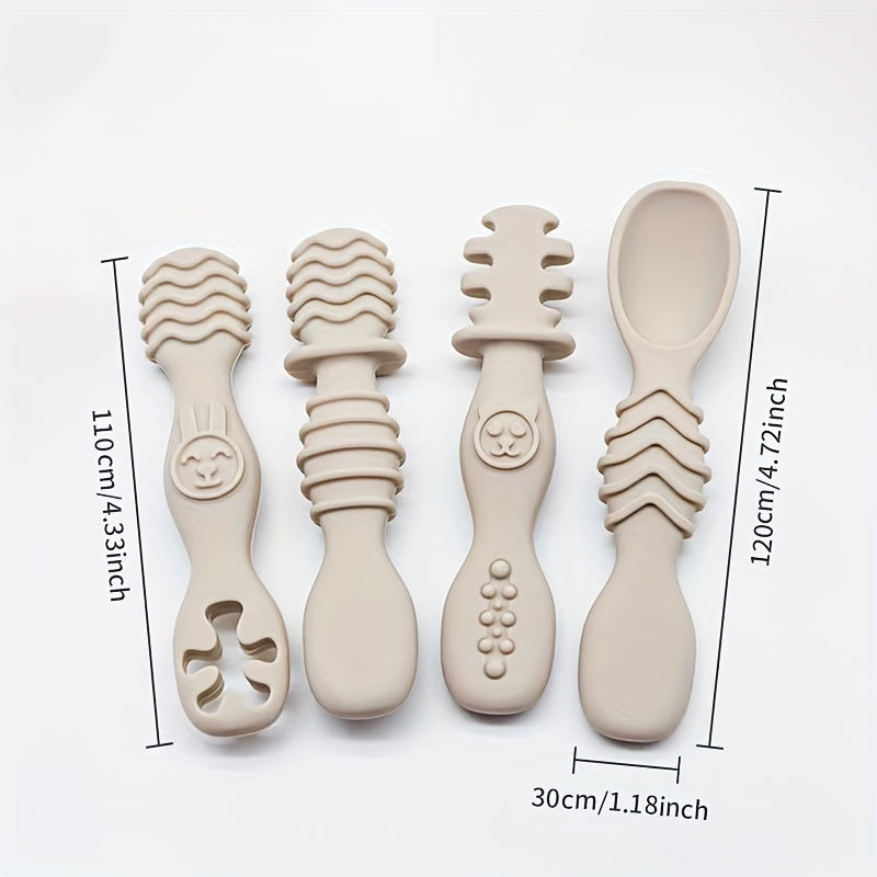 4pcs Baby Silicone Chewing Spoon Set, Food Grade Silicone Spoon And Fork Set, Silicone Spoon, Silicone Cutlery Training, Soft Feeding Cutlery