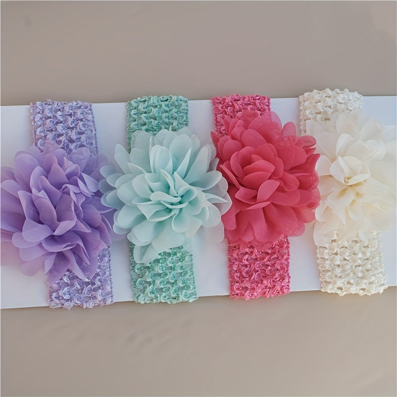 4pcs Cute Chiffon Flower Knit Headband, Soft Comfortable Breathable Elastic Headband, Decorative Hair Accessories Photography Props For Baby Girls