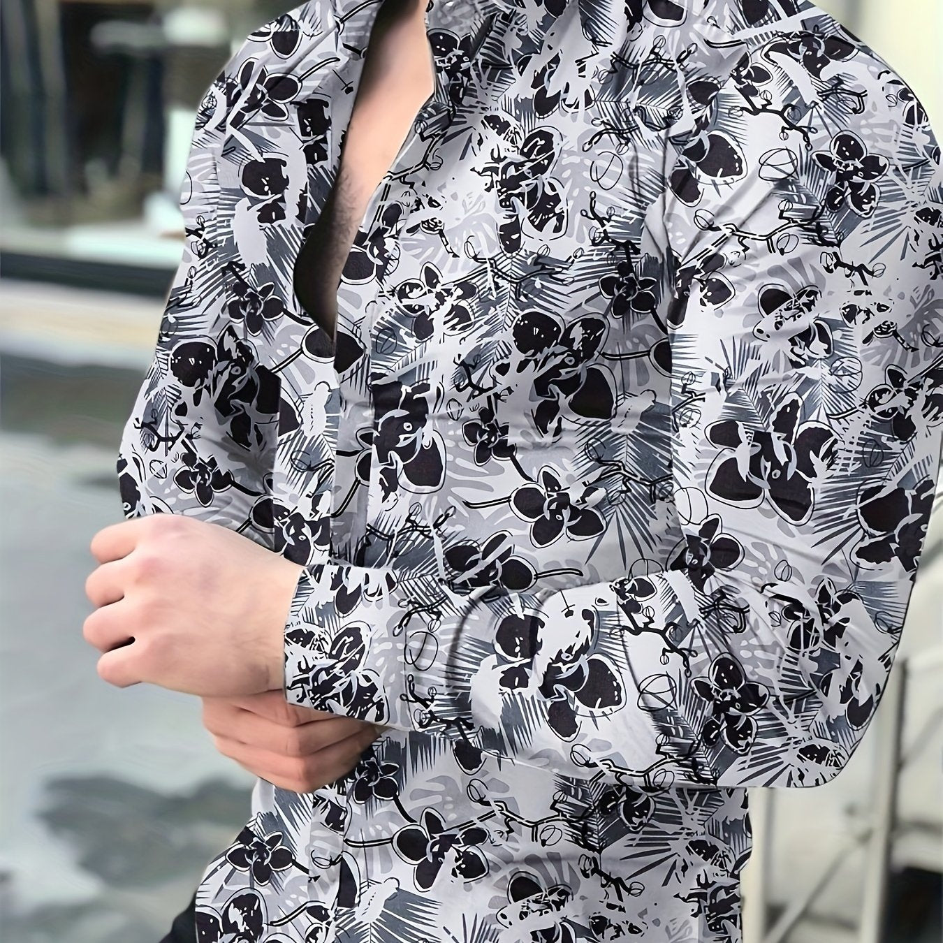Retro Style Flower Print Men's Casual Long Sleeve Button Up Lapel Shirt, Spring Fall