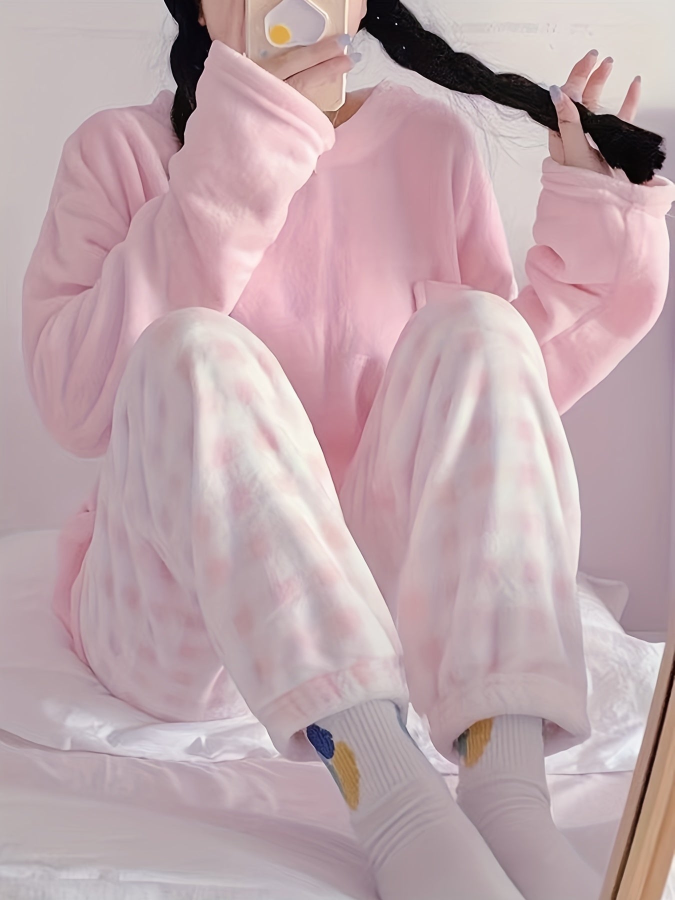 [Velvet Pajama] Winter Warm Velvet Pajama Set | Plaid Pattern Pajama, Solid Color Casual Home Wear Set