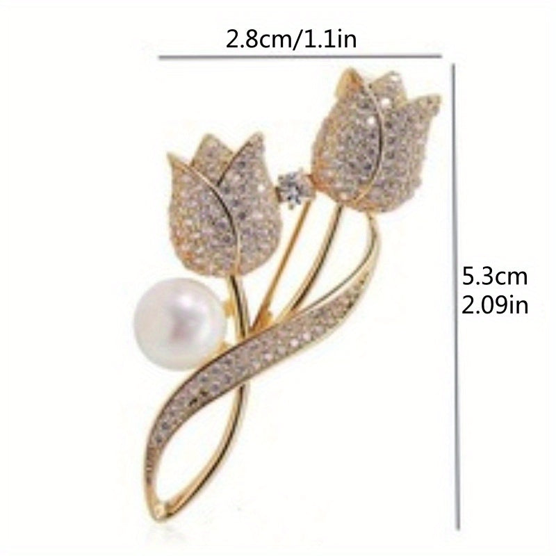 Elegant Tulip Flower Brooch Pin with Sparkling Rhinestones and Pearl Accent, Alloy Fashion Accessory for Women'S Clothing, Perfect for Daily Wear or Banquet Occasion