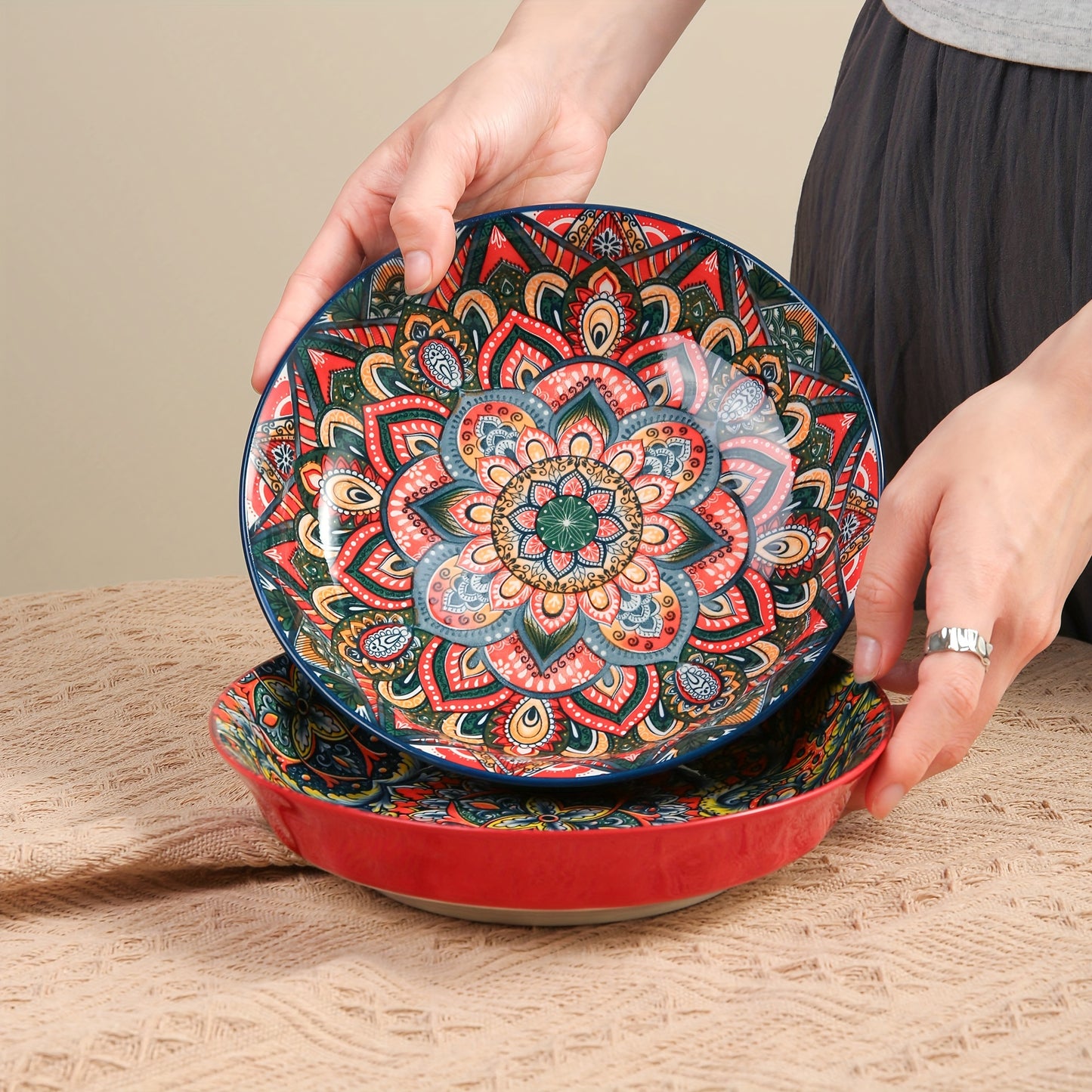 Bohemian Style Flower Themed Ceramic Dinner Plates Set of 2.54 - 20.32 cm Round Decorative All-Season Dishware for Steak, Pasta, Breakfast - Microwave Safe Ceramic Tableware for Restaurant and Home Use