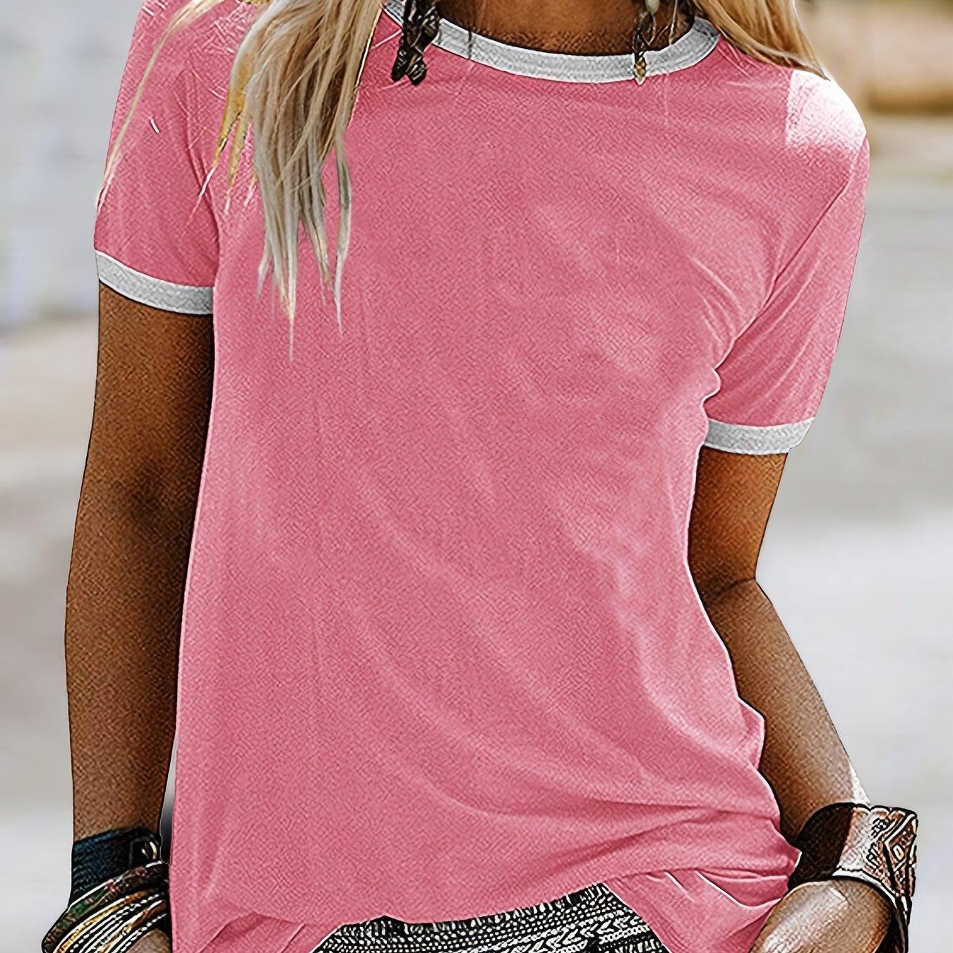 Summer Loose Crew Neck Short Sleeve Casual Simple T-shirt, Women's Clothing