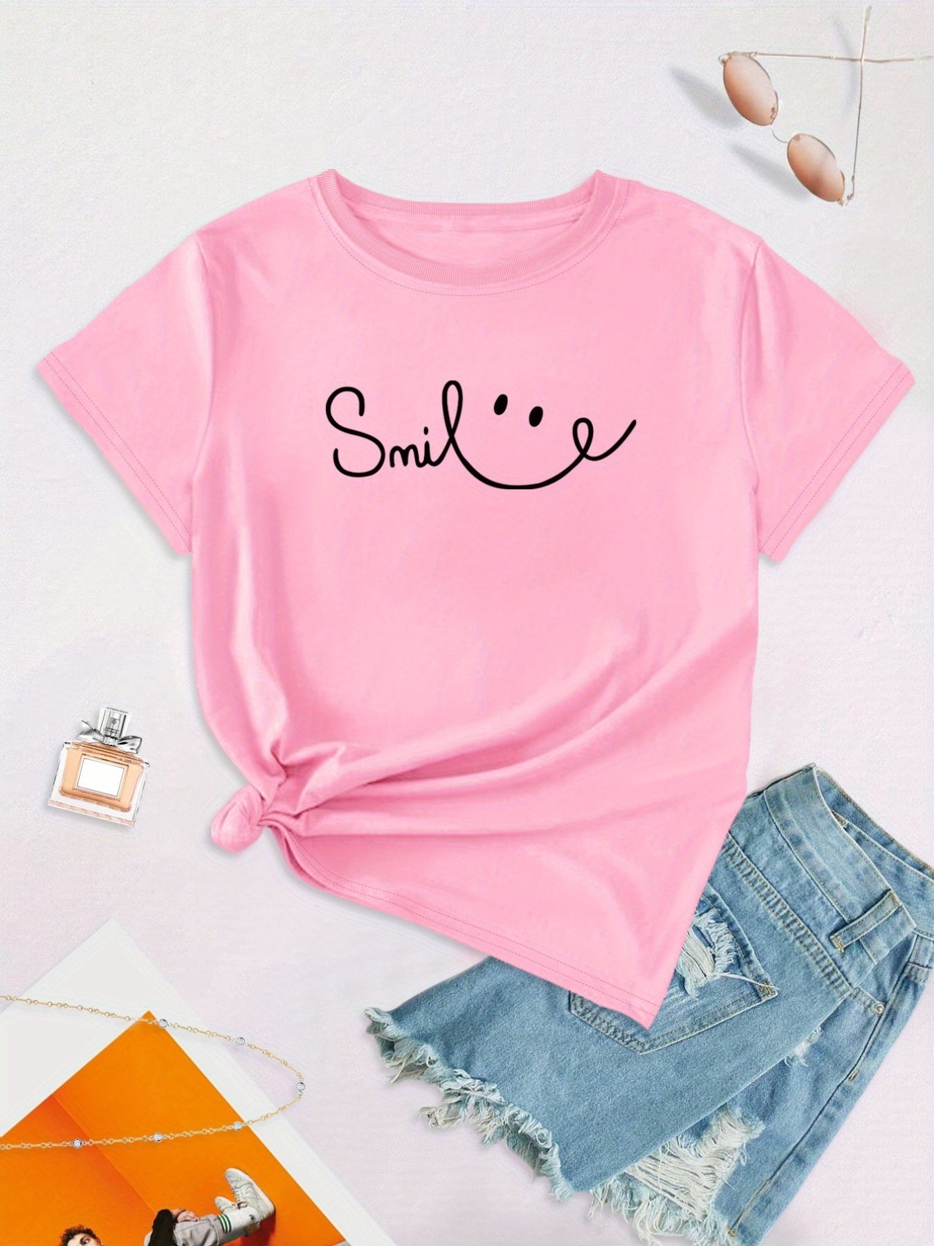 Plus Size Face Print Short Sleeve T-shirt, Women's Plus Slight Stretch Round Neck Casual Tee