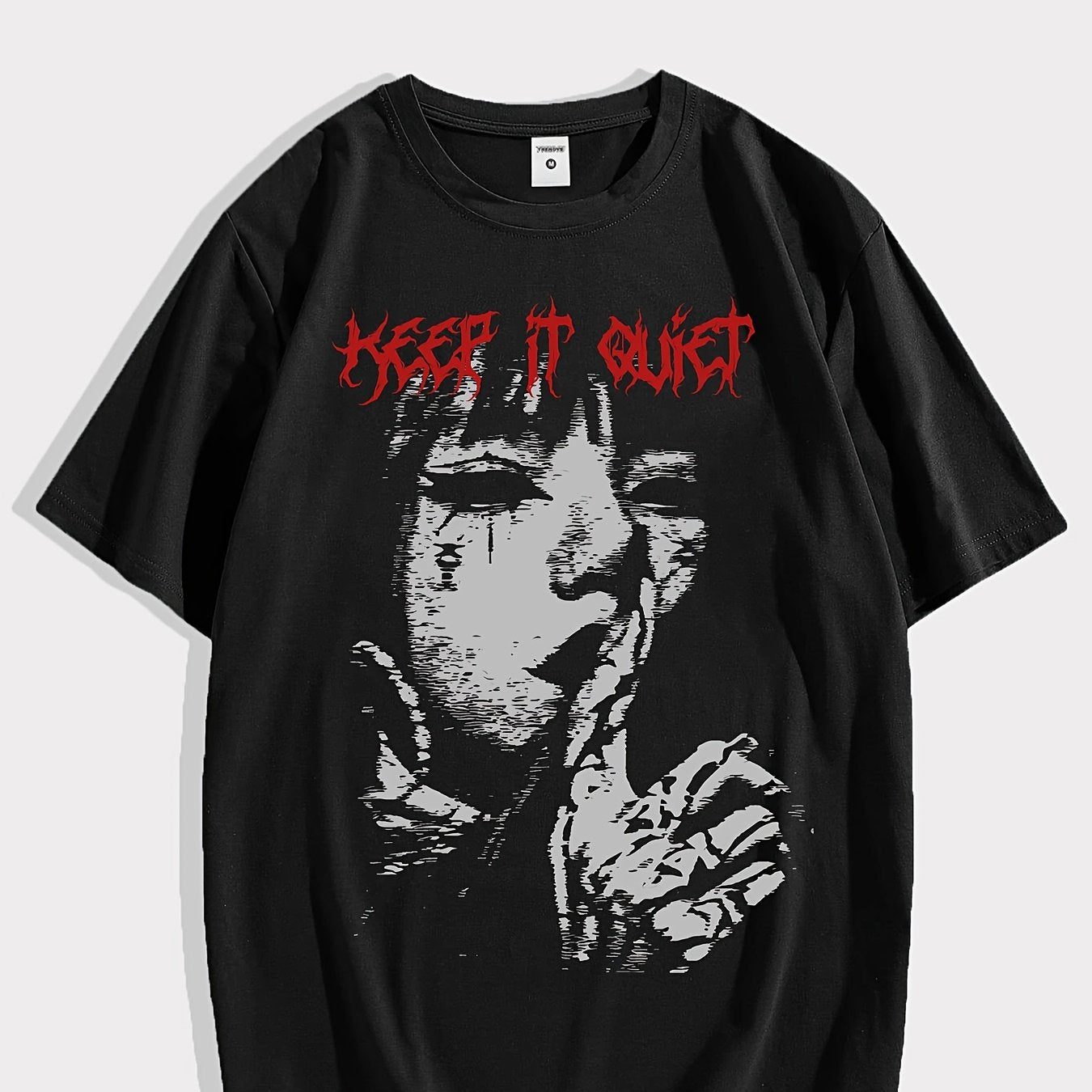 Men'S Keep it Quiet Gothic Character Graphic Tee - Casual Polyester Short Sleeve T-Shirt with Bold Red Lettering, Crew Neck, Spring/Autumn Streetwear