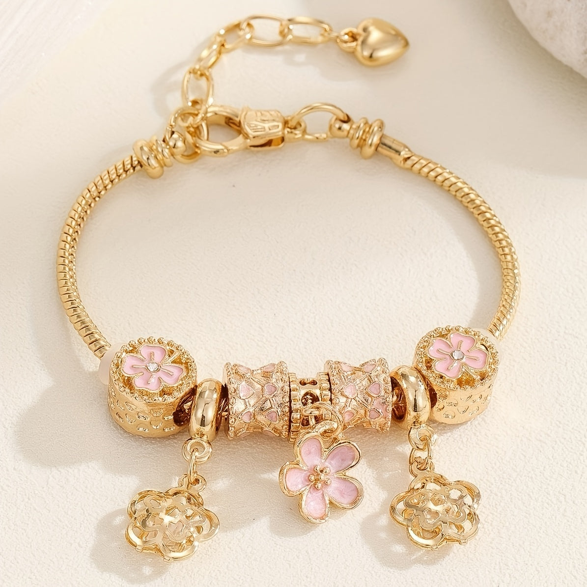 Delicate Pink Flower Pendant Bangle Bracelet - Timeless Elegance for Versatile Style - Handcrafted Copper Chain Jewelry, Adjustable & Durable