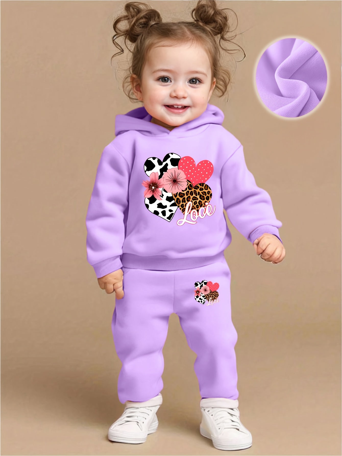 Baby Girl Love Love Flower Pattern Hoodie+Casual Pants Two Piece Set Spring and Autumn Sportswear, Perfect for Outdoor