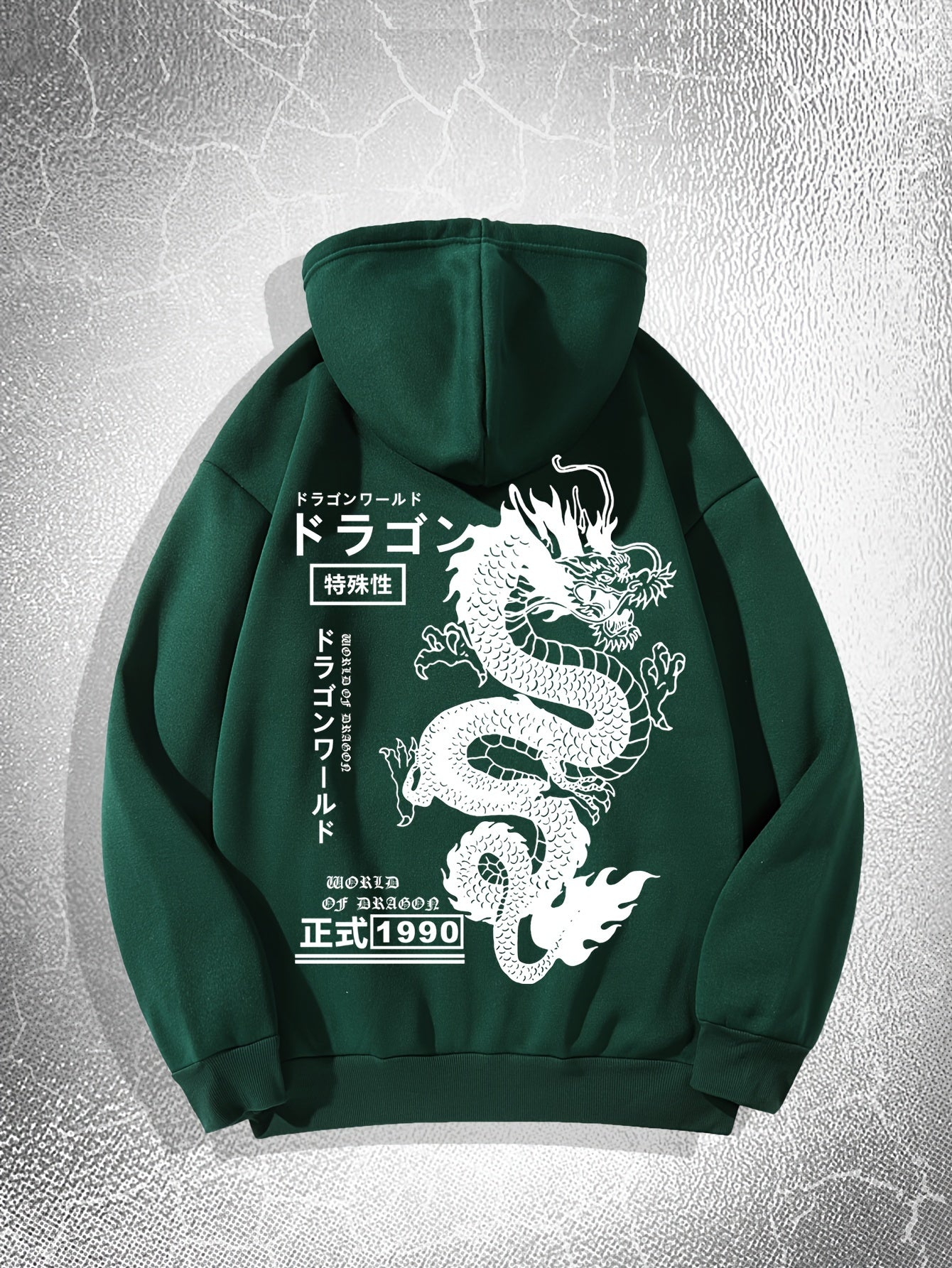 [Dragon Print Hoodie] White Polyester Dragon Print Hoodie - Casual & Trendy, Long Sleeves, Drawstring Hood - Streetwear Style